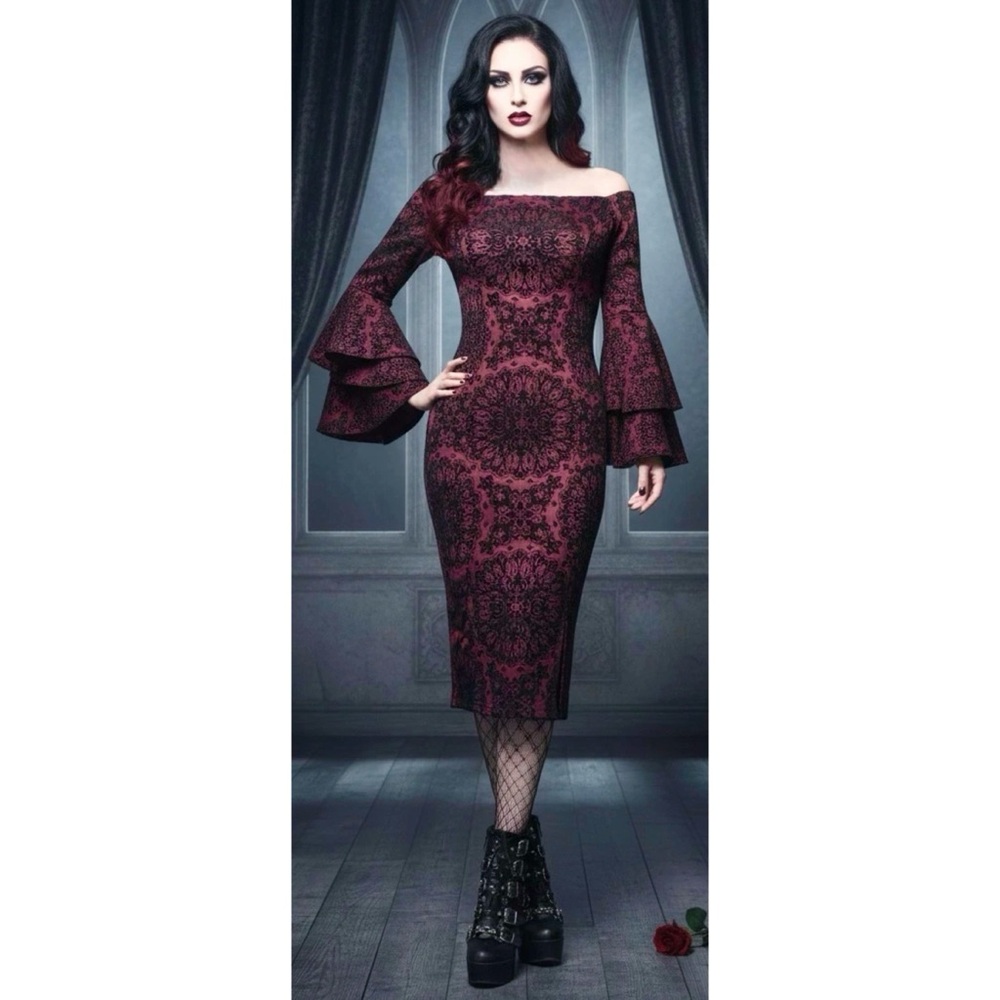 Venus Burgundy Velvet Off the Shoulder Witchy Vamp Goth Dress Size 16